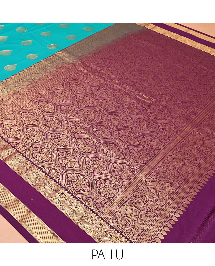 Rama Green and Purple Budget Silk Saree, Accentuated with Zari Buttas All Over Its Body, Complemented by Contrast Rettai Pettu Traditional Zari Designs Woven Border, Grand Pallu and Paired with a Contrast Blouse