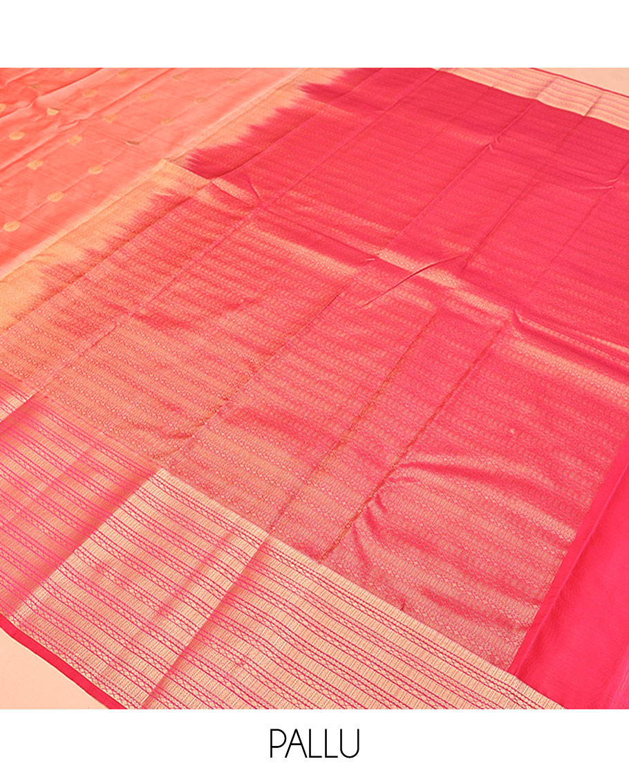 Peach Vasundhara Lite Silk Mix Saree, Adorned with Mayil and Chakram Buttas All Over Its Body, Complemented by Contrast Traditional Zari Designs Woven Border, Grand Geometric Patterned Pallu and Paired with a Contrast Blouse