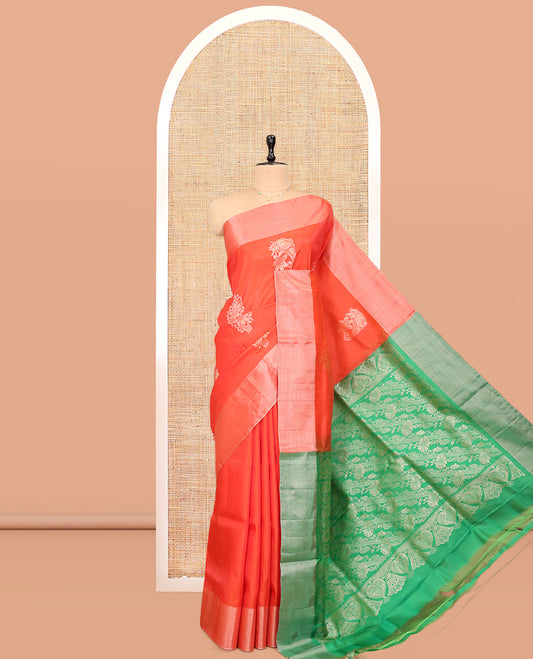 Orange Semi Uppada Saree, Elevated with Zari Buttas, a Bavanji Border, Contrast Floral Pallu, and a Contrast Blouse
