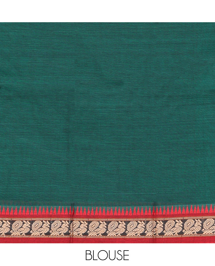 Green Cotton Half-Saree Features Plain Skirt, a Contrast Peacock Border, a Matching Blouse, and a Contrast Dhavani