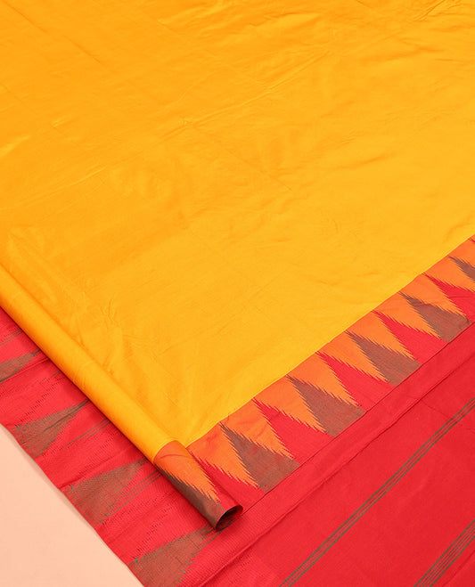 Yellow Plain Bangalore Silk Saree, Complemented by a Contrast Temple Border, Pallu of Stripes, and a Contrast Blouse