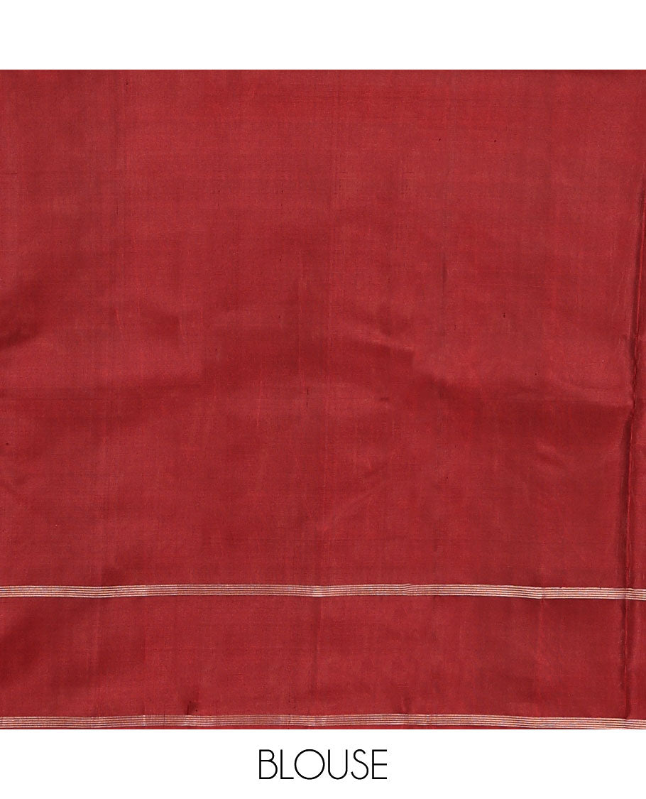 Brown Kanchipuram Silk Saree, Graced with Checks and Geomentric Buttas, Complemented By Contrast Bodi Border, Intricate Jaal-style Pallu, and a Contrast Blouse
