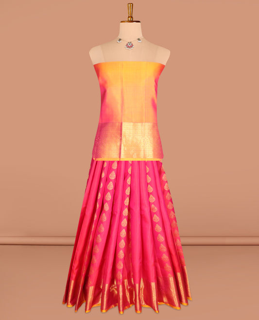 Pink Pure Silk Pavadai Material, Mesmerized with Zari Buttas on Its Skirt, a Contrast Traditional Zari Border, and a Contrast Blouse