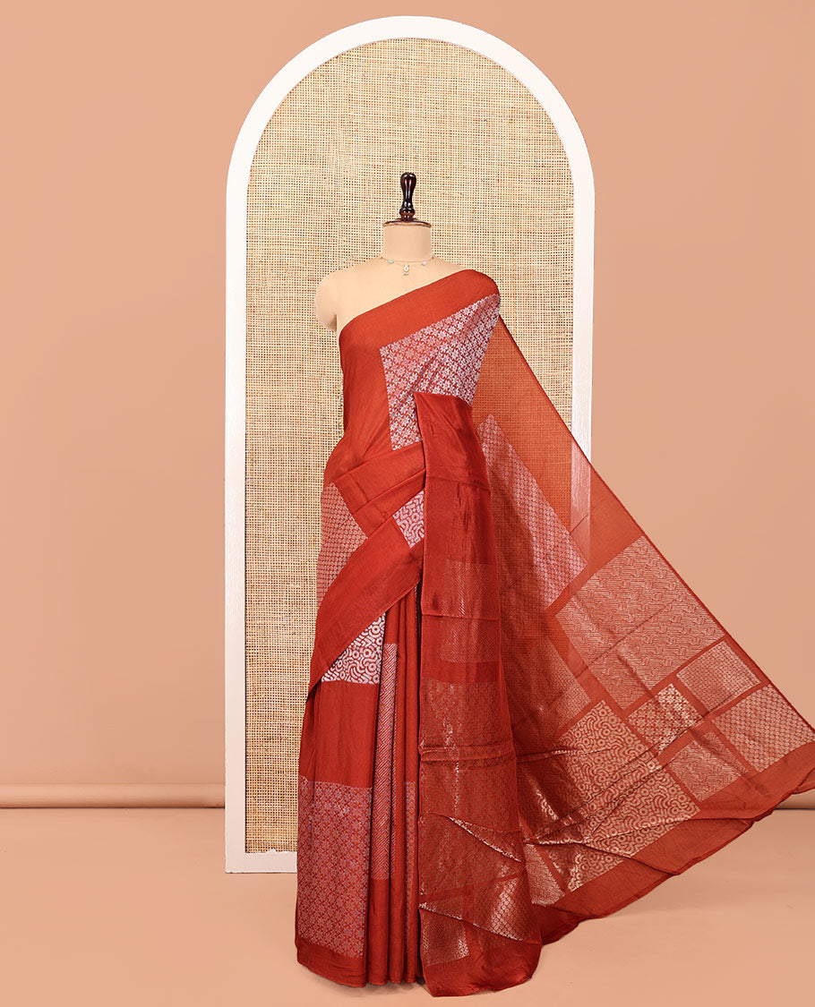 Borderless Rust Chanderi Cotton Saree, Steeped in the Richness of Zari Big Square Buttas All Over Its Body, Highlighted by Geometric Patterned Pallu and Paired with a Matching Blouse