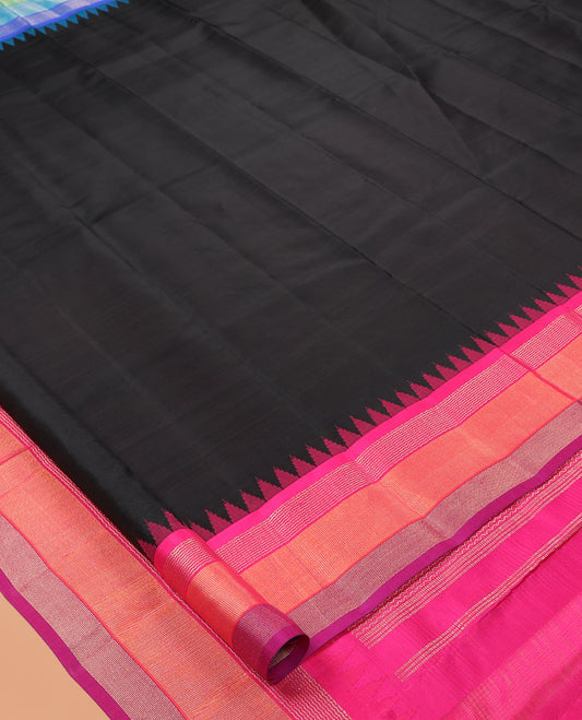 Black Plain Bangalore Silk Saree, Complemented by a Contrast Temple Ganga-Jamuna Border, Temple Pallu, and a Contrast Blouse