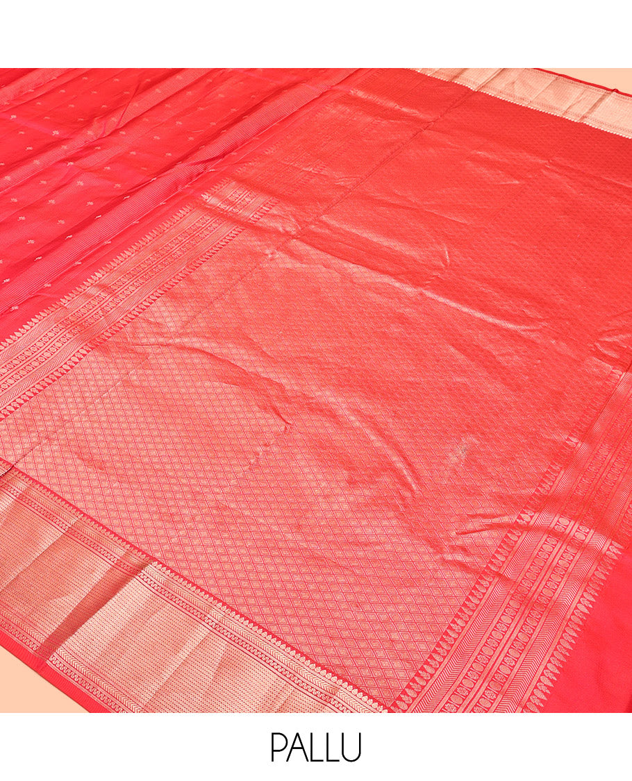 Red Kanchipuram Silk Saree, Decked Up with Zari Buttas, Zari Border of Thilakam and Kathir Designs, Pallu of Jaal Design, and a Matching Blouse