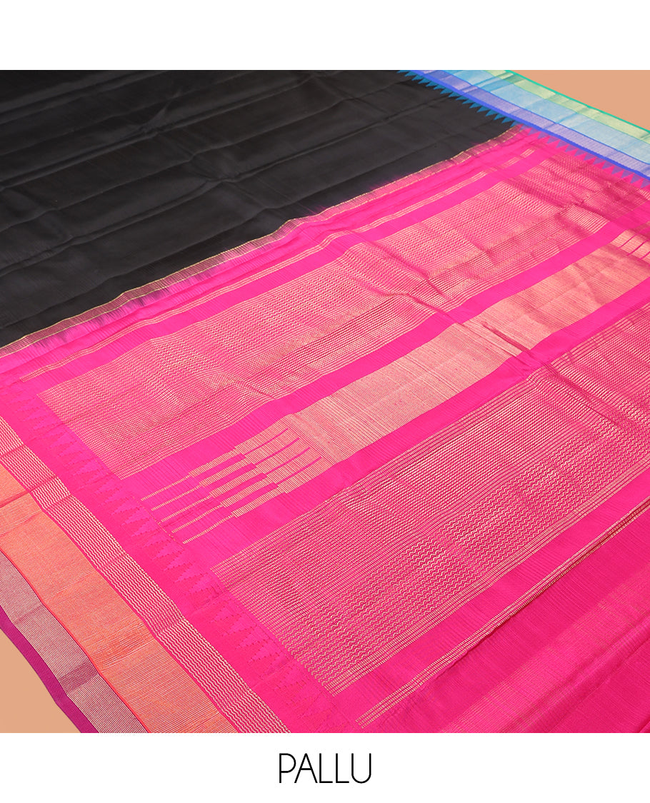 Black Plain Bangalore Silk Saree, Complemented by a Contrast Temple Ganga-Jamuna Border, Temple Pallu, and a Contrast Blouse