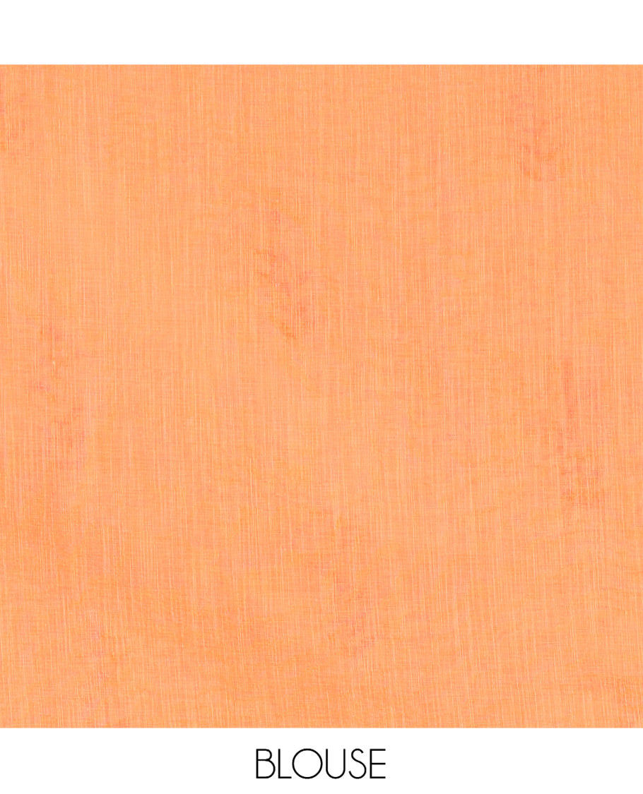 Borderless Cream-Orange Linen Cotton Saree, Prettified with Floral Buttas, a Self-Pallu, and a Contrast Blouse