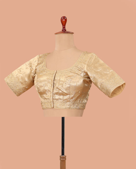 Gold thread embroidered front-back round neck elbow sleeve blouse