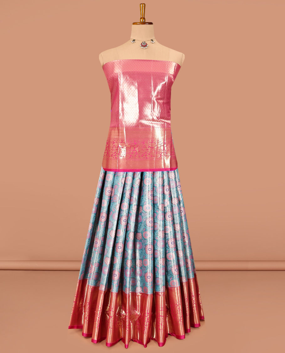 Blue Art Silk Material Half Saree Set, Embellished with Floral Jacquard Design Skirt, a Contrast Floral Design Border, Contrast Blouse, and an Intricate Dhavani