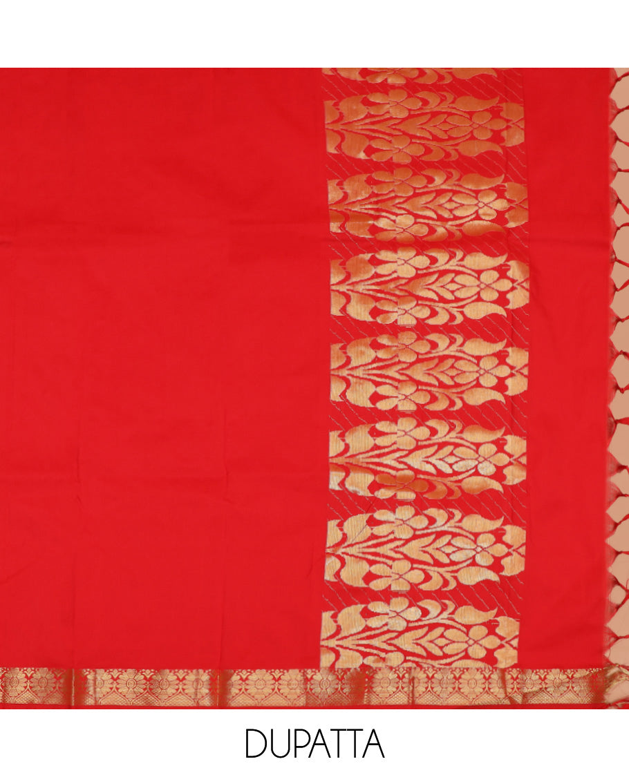 Light Green Art Silk Material Half Saree Set Featuring Floral Jacquard Skirt, a Contrast Traditional Zari-Design Border, a Zari-Bordered Blouse, and a Dhavani Elevated with Floral Zari Designs