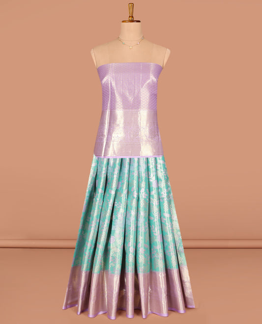 Blue Art Silk Pavadai Material Set, Beautified with Meenakari Jacquard Designs on Its Skirt, Complemented by a Contrast Traditional Zari Design Big Border, and Paired with a Contrast Jacquard Blouse