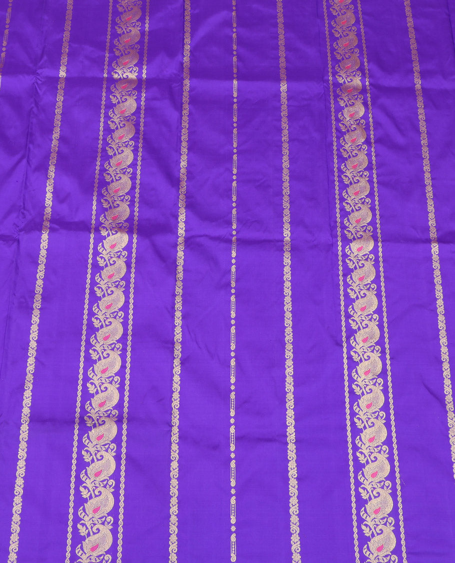 Blue Pure Silk Half-Saree, Decorated with Zari Designs on Its Body, Complemented by a Contrast Floral Design Border, Complemented by a Contrast Blouse, and Paired with a Contrast Dhavani of Annam Chakram Designs
