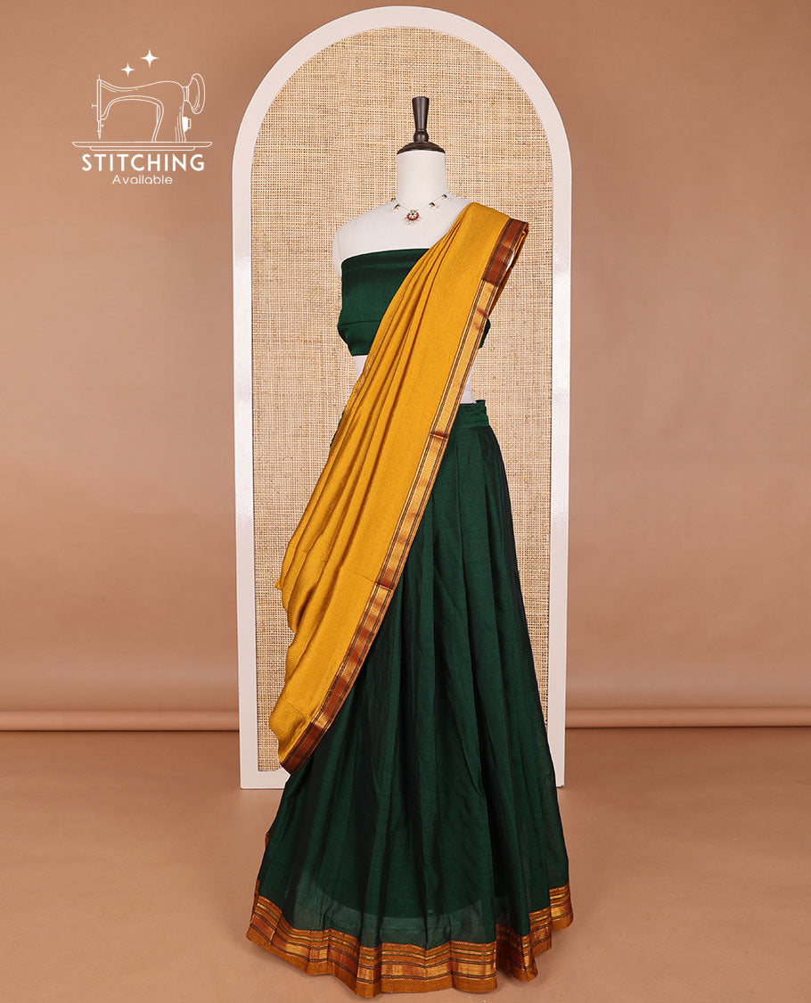 Green mercerised cotton daman zari border half saree with cotton blouse & georgette one side zari border