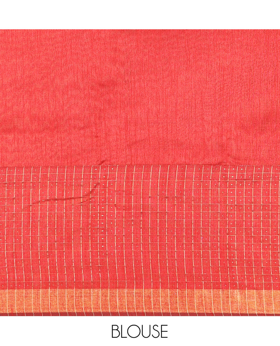 Yellow and Red Semi-Raw Silk Saree, Delicately Woven with Zig-Zag Stripes All Over Its Body, Complemented by Contrast Border of Butta Enclosed Checks, Striped Pallu, and Paired with a Contrast Blouse