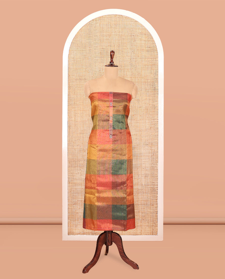 Multi-Color Shimmer Tissue Material Churidar, Adorned with Madras Checked Neckwork Top, a Contrast Bottom, and a Sequins Striped Dupatta
