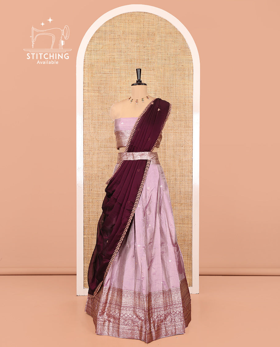 Lavender-Wine Banarasi Silk Half-Saree Featuring Buttas Skirt, Contrast Traditional Border, Matching Blouse, Syska Georgette Embroidery Dhavani