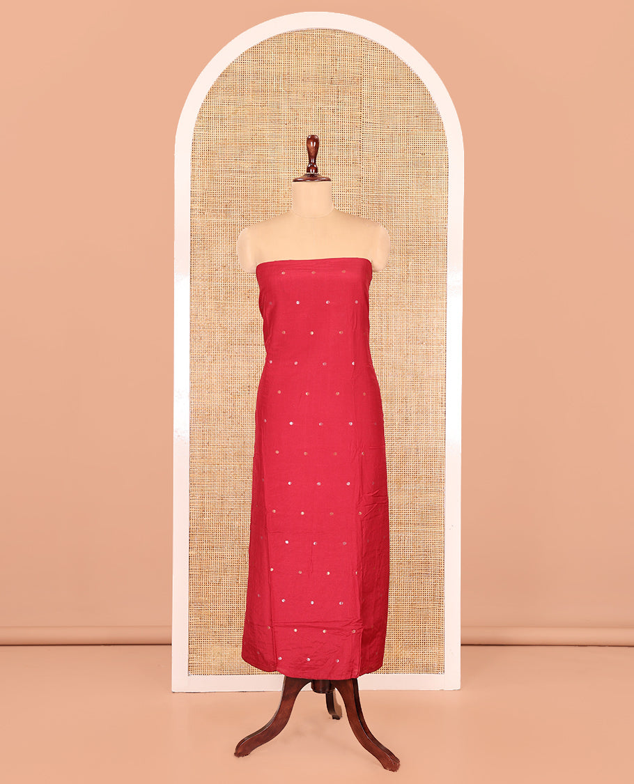 Red Semi-Silk Material Churidar Features Zari Buttas Skirt, a Plain Bottom, and a Floral Motif Zari Woven Dupatta