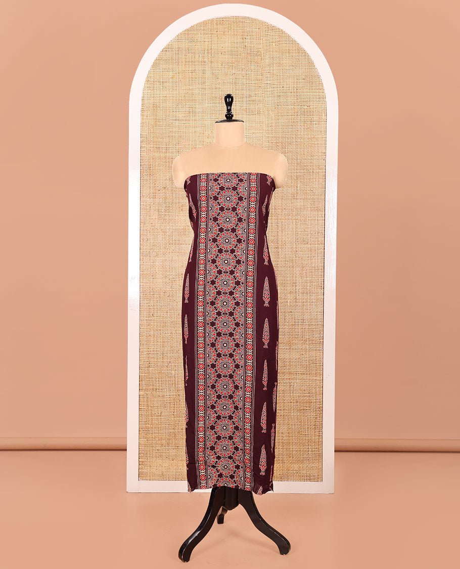 Dark Maroon Rayon Material Chudidhar Set, Elevated with Ajrakh-Style Floral Printed Top, Elegantly Printed Bottom, and Rayon Dupatta of Ajrakh-Style Floral and Tree Motifs Print