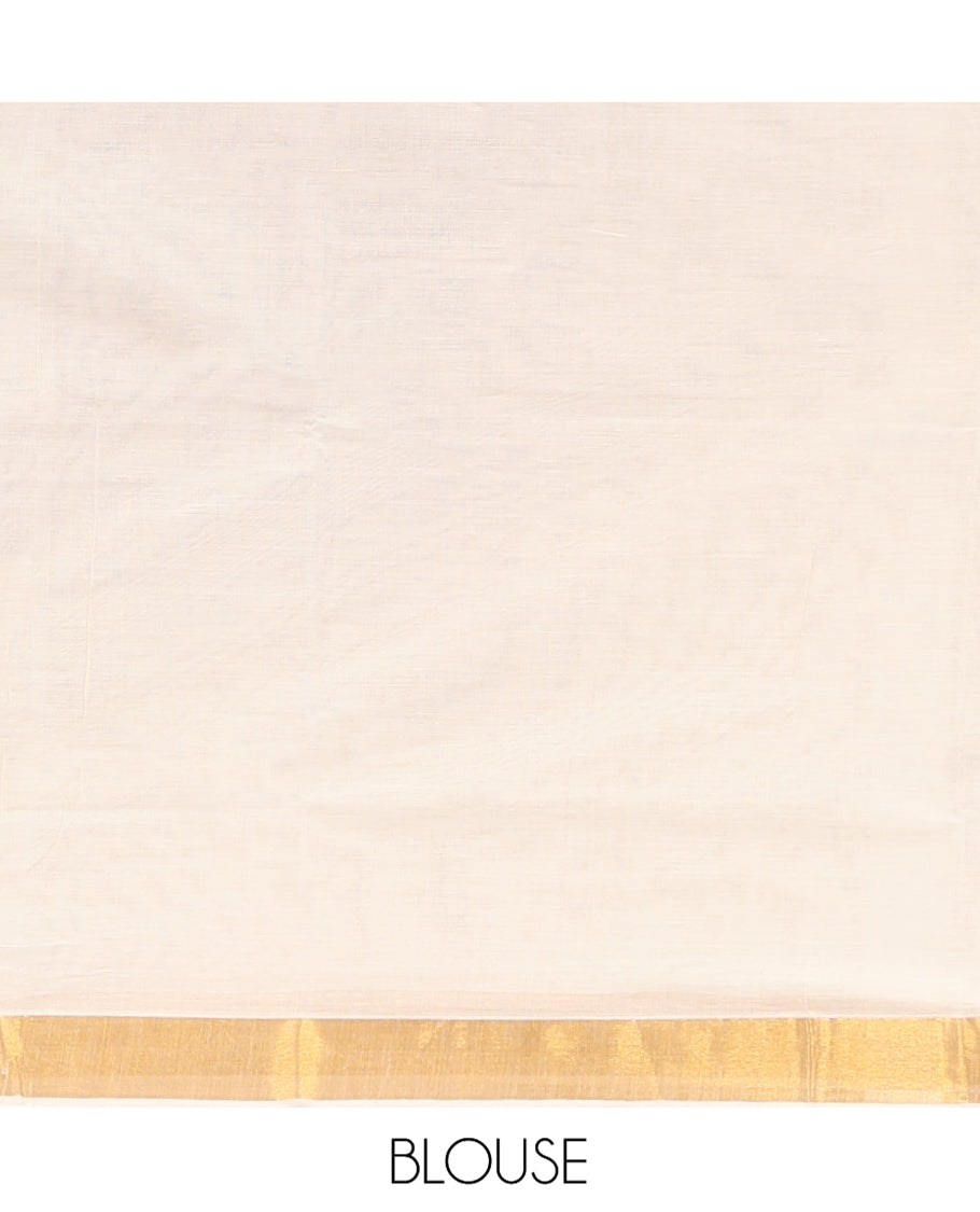 Cream Kerala Cotton Saree, Steeped with Zari Buttas All Over Its Body, a Subtle Bavanji Border, Pallu Features Stripes and Buttas, and Is Paired with a Matching Blouse