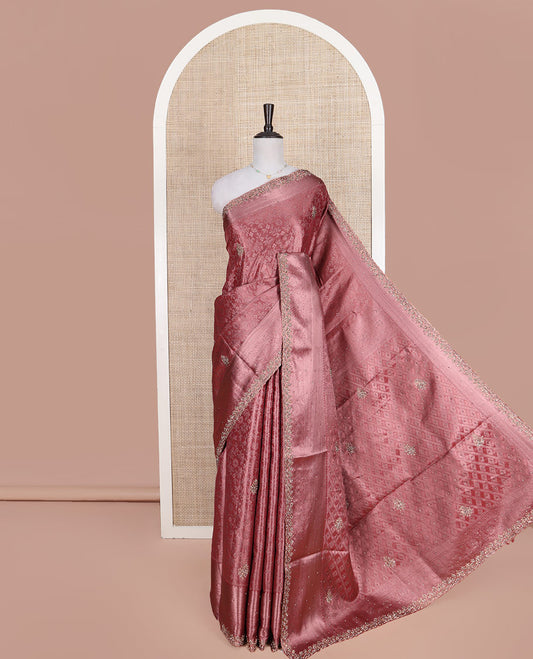 Rose Gold Vastrakala Silk Saree, Finely Crafted with Floral Vine Design and Patch Stone Work, Highlighted by Traditional Zari and Patch Stone Scallop Border, Grand Jaal Design Stone Work Pallu, and Paired with Heavy Embroidered Blouse