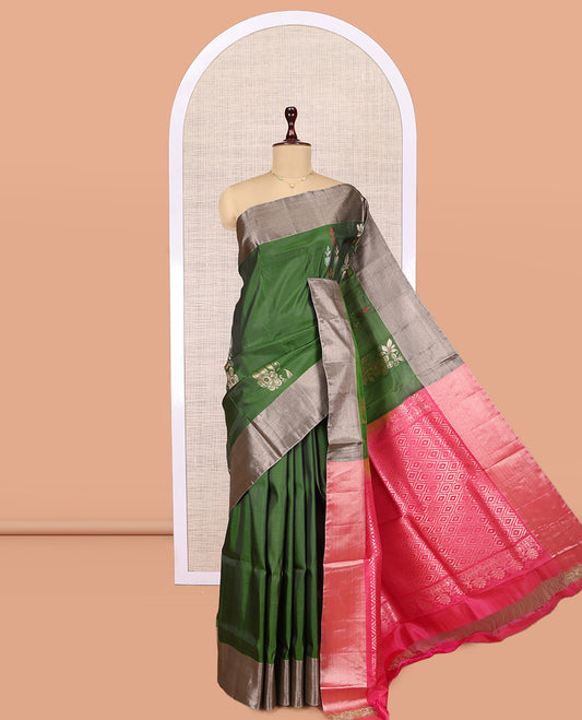 Green Uppada Saree, Detailed with Zari Buttas, a Contrast Bavanji Border, Grand Jaal Pallu, and a Contrast Blouse