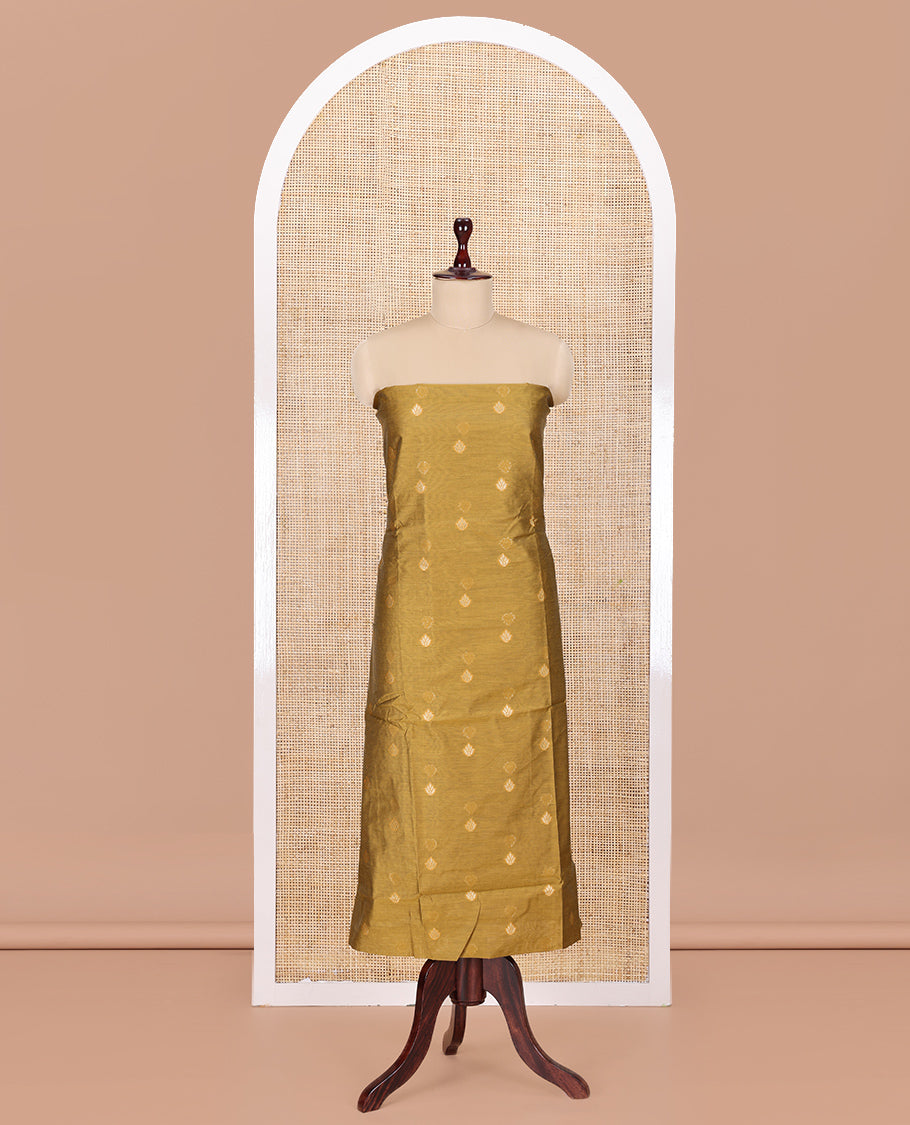 Mustard Yellow Semi-Chanderi Material Churidar Features Floral Buttas Top, a Plain Bottom, and a Contrast Dupatta