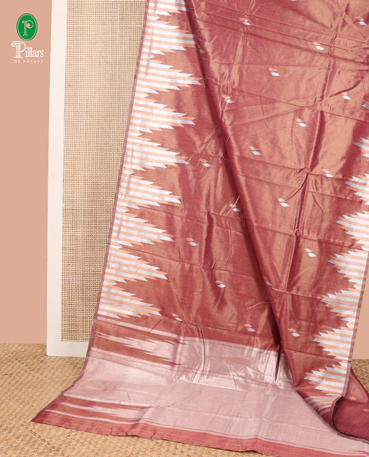 Honey color small leaf design, copper zari tissue silk saree with temple border & rich pallu along with butta design blouse