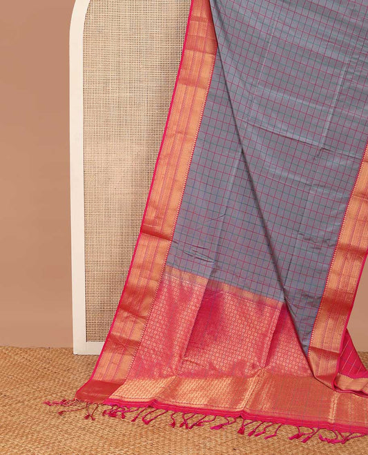 Dark grey checked soft silk saree with contrast zari design border & argyle design pallu