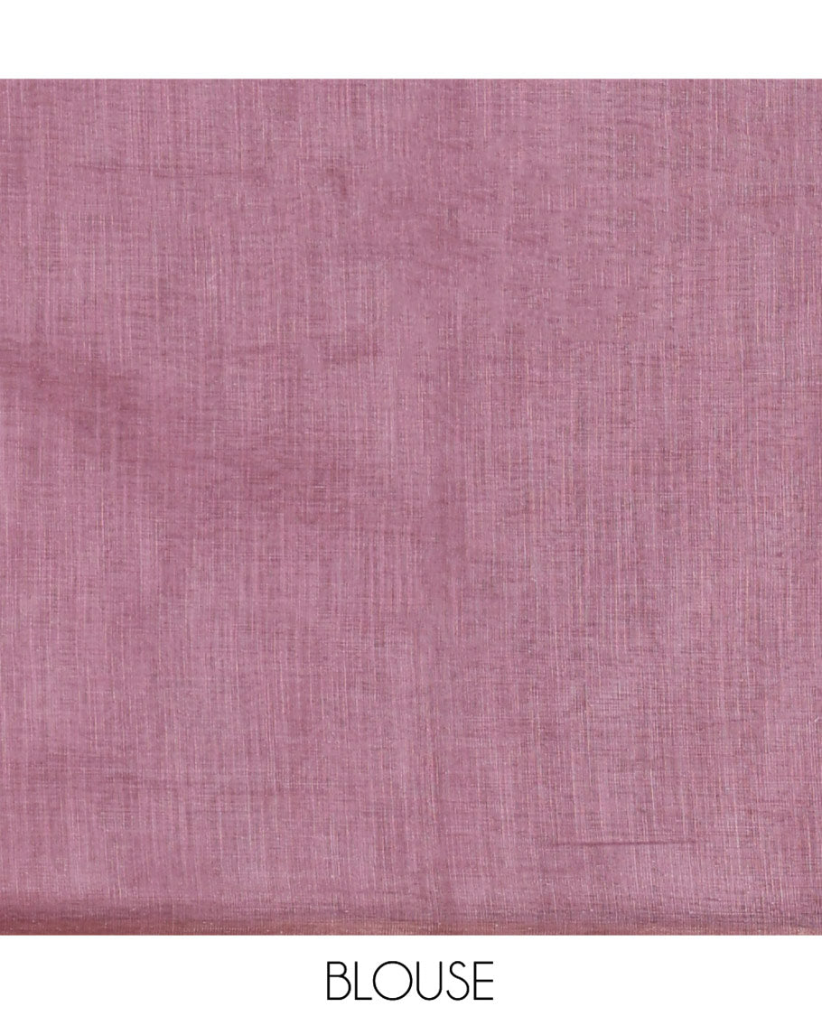 Light Mauve Linen Saree Creatively Printed with Girl Face and Floral Motifs All Over Its Body, Subtly Sparkled with Piping Zari Border, Pallu Mirrors the Same Body Print, and Paired with a Contrast Blouse