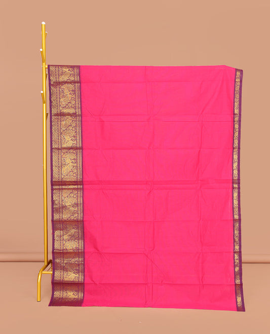 Pink Plain Chettinad Cotton Saree, Complemented by Contrast Traditional Zari Border of Peacock Designs, Pallu of Stripes, and Paired with a Matching Blouse