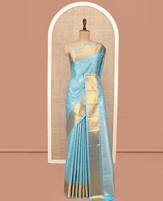 Sky Blue Budget Silk Saree, Enriched with Zari Buttas All Over Its Body, Highlighted by Traditional Zari Designs Woven Border, Grand Pallu, Paired with a Matching Blouse - Inspired by Trisha Blue Saree