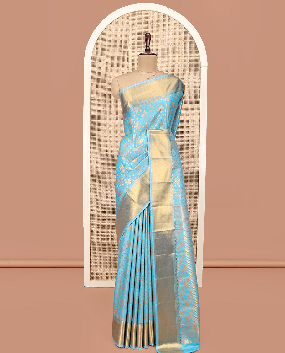 Sky Blue Budget Silk Saree, Enriched with Zari Buttas All Over Its Body, Highlighted by Traditional Zari Designs Woven Border, Grand Pallu, Paired with a Matching Blouse - Inspired by Trisha Blue Saree