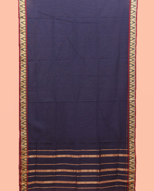 Navy Blue Plain Nine-Yard Cotton Saree, Complemented by a Contrast Temple Border of Diamond Designs, Striped Pallu, and Comes Without a Blouse