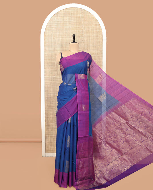 Blue Silk Cotton Saree, Accentuated with Zari Buttas, a Contrast Zari Border, Intricate Pallu, and a Contrast Blouse