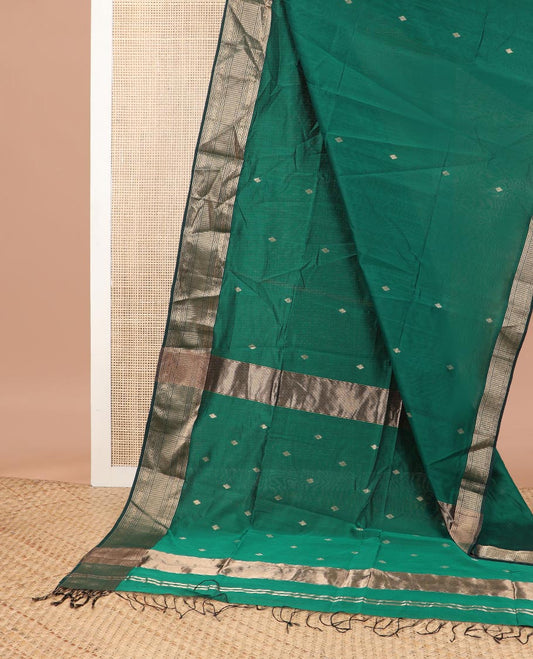 Dark green motifs maheshwari cotton saree with self zari design border & striped, geometric design pallu