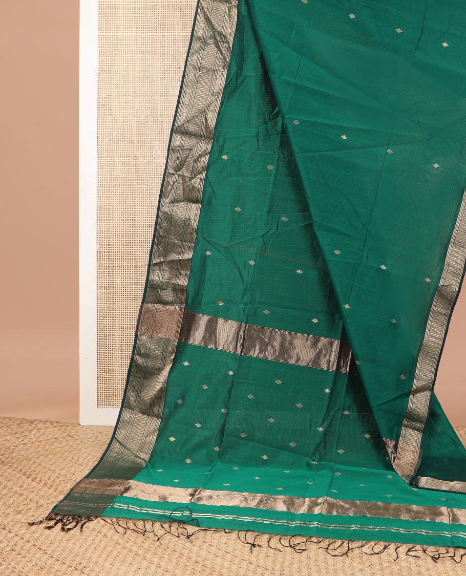Dark green motifs maheshwari cotton saree with self zari design border & striped, geometric design pallu