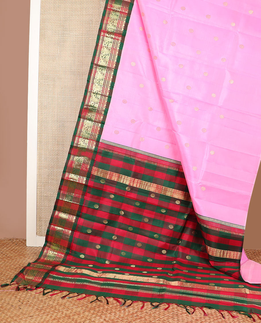 Pink zari buttas Kanchipuram silk saree, contrast one-sided korvai checked border of Banaras,neli & jada nagam & checked pallu of chakram design