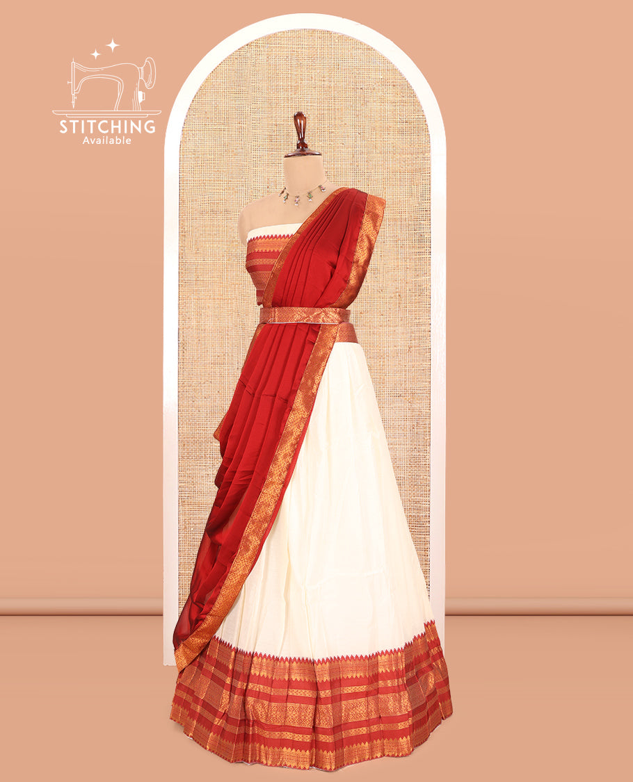 Cream-Red Semi-Silk Half-Saree