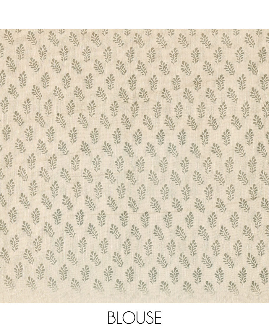 Olive green bamboo motifs printed chanderi cotton saree, contrast plain border, bamboo motifs printed pallu, and a contrast unique motifs printed blouse