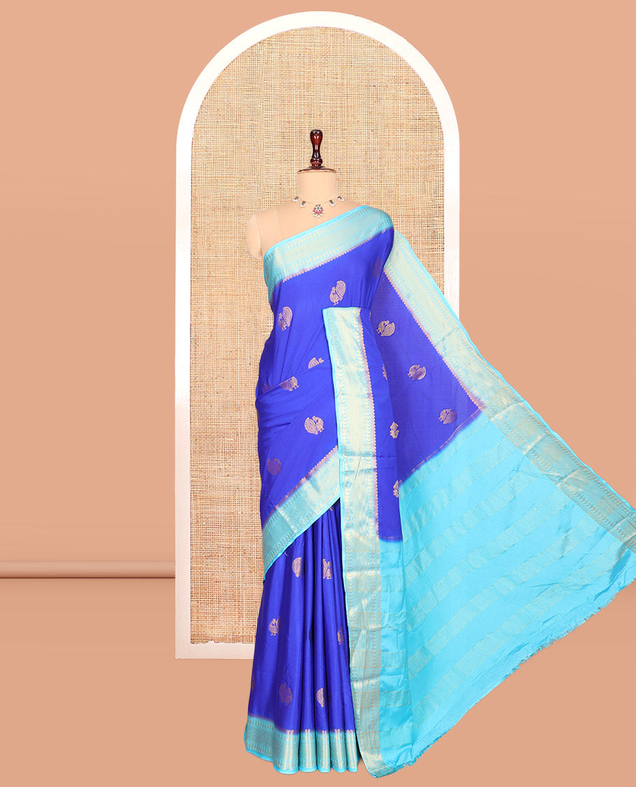 M.s Blue Peacock Buttas Fancy Mysore Silk Saree, Contrast Traditional Border, Contrast Blouse