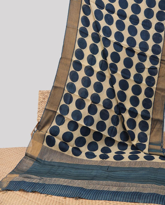 Cream geometric design linen cotton saree with contrast border & striped pallu