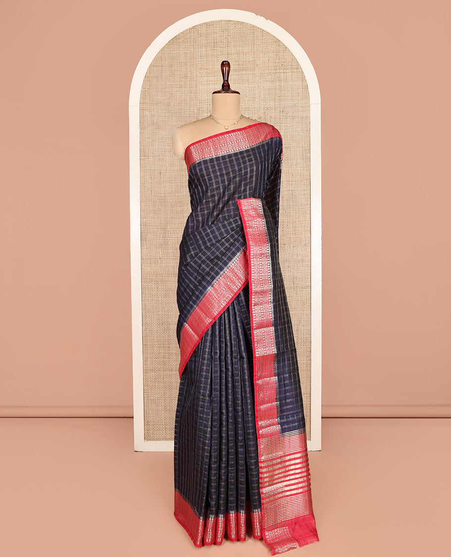 Blue Dupion Silk Saree, Beautified with Zari Micro-Checks, Complemented by a Contrast Traditional Zari Design Border, Zari Striped Pallu, and a Contrast Blouse