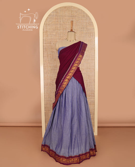 Purple with magenta mercerised cotton daman zari border half saree with zari border blouse & syska georgette 4 side piping golden zari border dhavani