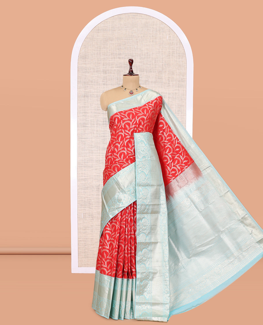 Red-Sky Blue Floral Jacquard Budget Silk Saree