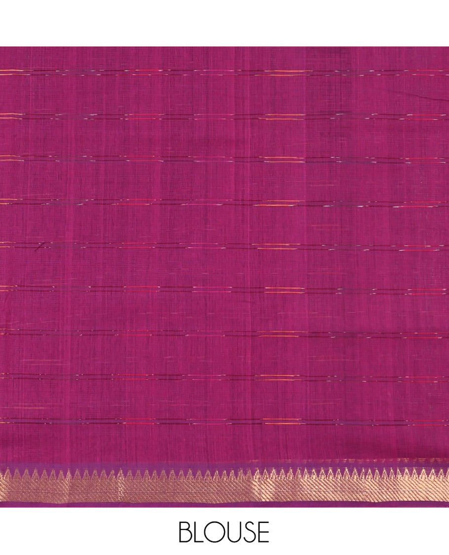 Violet Mangalgiri Cotton Saree, Graced with Checked Design on Its Body, Highlighted by Zari Temple Border, Zari-Striped Pallu, and Paired with a Contrast Blouse