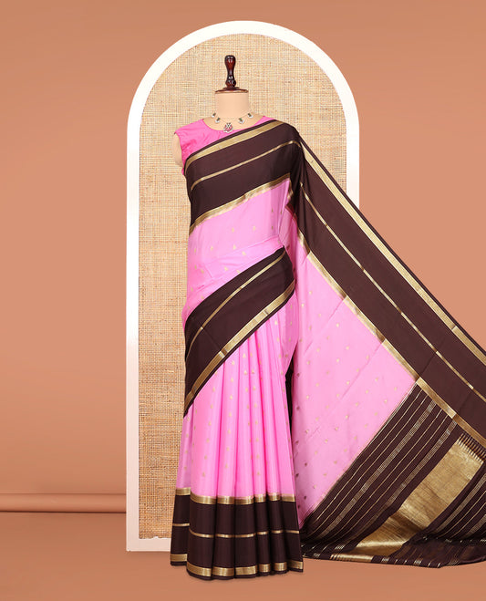 Pink Mysore Silk Saree, Enhanced with Zari Buttas, Complemented by a Contrast Traditional Zari Woven Border, Grand Pallu, and a Contrast Blouse