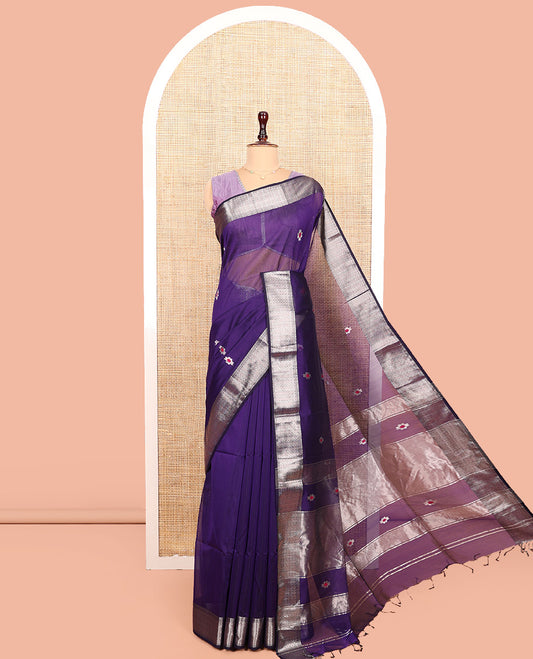 Violet Maheshwari Cotton Saree, Accentuated with Meena Flower Zari Buttas All Over Its Body, Highlighted by Zari Traditional Border, Gleaming Zari Striped Pallu and Paired with a Matching Blouse