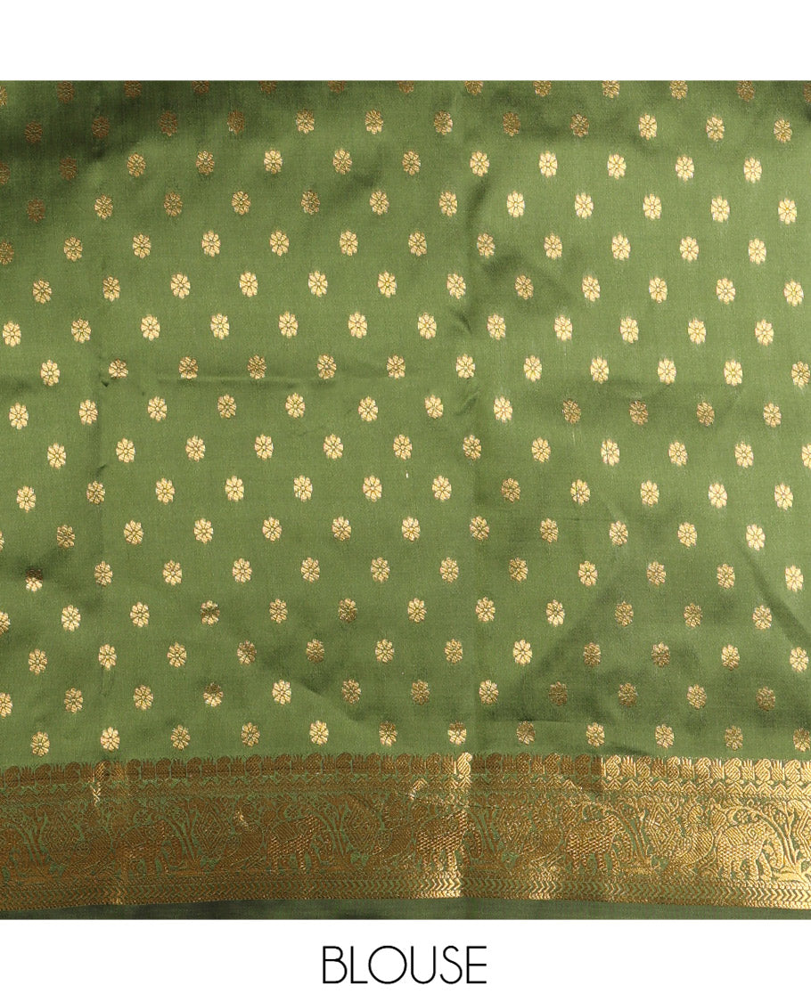 Mehendi Green Art Silk Saree Features Chakra Buttas, a Zari Elephant-Peacock Border, Grand Pallu, Matching Blouse