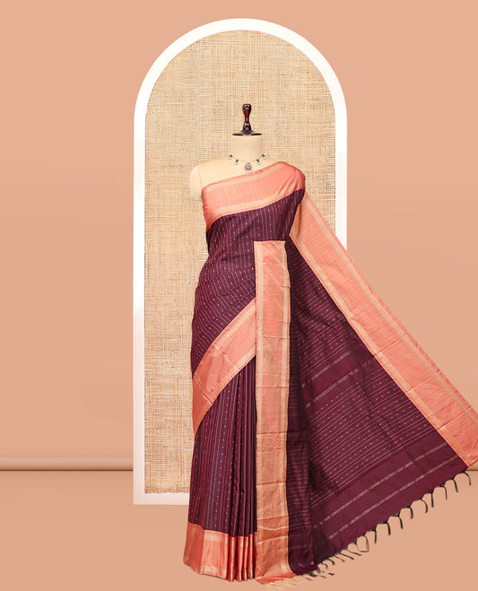Wine Zari Striped Arani Saree, a Contrast Rettai Pettu Traditional Border, Pallu of Zari Stripes, and a Matching Blouse